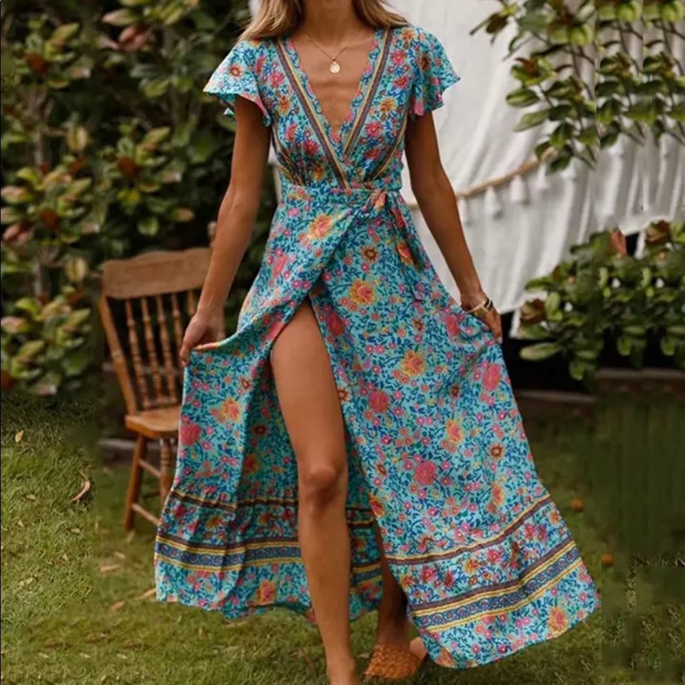 Small Wrap Dress Maxi Dress Turquoise Blue Floral